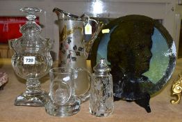FIVE PIECES OF GLASSWARE, comprising a St.Paul's Cathedral tankard, a sugar caster with silver