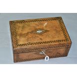 A VICTORIAN BURR WALNUT AND INLAID WRITING SLOPE, mother of pearl lozenge shaped escutcheon and