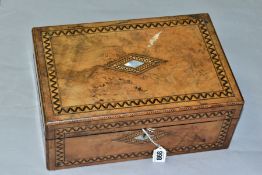 A VICTORIAN BURR WALNUT AND INLAID WRITING SLOPE, mother of pearl lozenge shaped escutcheon and
