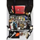 A BRIEFCASE WITH CONTENTS, black and white metal trim detailed briefcase with contents to include