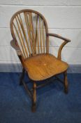 A 19TH CENTURY OAK AND BEECH HOOP BACK OPEN ARMCHAIR (condition - some repairs, left arm rickety)