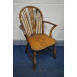 A 19TH CENTURY OAK AND BEECH HOOP BACK OPEN ARMCHAIR (condition - some repairs, left arm rickety)