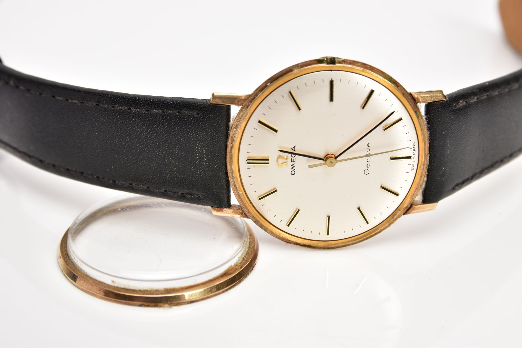 A GENTS 9CT GOLD 'OMEGA GENEVE' WRISTWATCH, (missing crown) round silver dial signed 'Omega Geneve', - Image 3 of 6