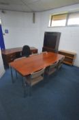 A ROSEWOOD EFFECT AND CHROME EXECUTIVES OFFICE SUITE, comprising a curved desk with five assorted