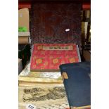 A GROUP OF ORIENTAL PRINTED EPHEMERA AND A CARVED PANEL, the carved hardwood panel with wavy edge,