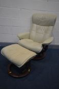 AN EKORNES STRESSLESS CREAM LEATHER RECLINING SWIVEL ARMCHAIR, and a matching stool (2) (condition -