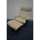 AN EKORNES STRESSLESS CREAM LEATHER RECLINING SWIVEL ARMCHAIR, and a matching stool (2) (condition -
