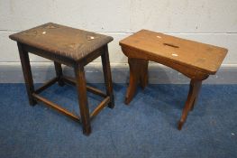 AN OAK TRESTLE STOOL, along with a carved oak stool (2)