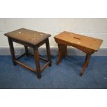 AN OAK TRESTLE STOOL, along with a carved oak stool (2)