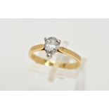 AN 18CT GOLD SINGLE STONE DIAMOND RING, designed with a three claw set, pear cut diamond,