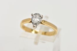 AN 18CT GOLD SINGLE STONE DIAMOND RING, designed with a three claw set, pear cut diamond,