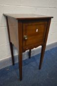 A GEORGIAN MAHOGANY AND BURR VENEER INLAID POT CUPBOARD, on square tapered legs, width 39cm x