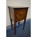 A GEORGIAN MAHOGANY AND BURR VENEER INLAID POT CUPBOARD, on square tapered legs, width 39cm x