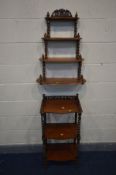 A VICTORIAN MAHOGANY BARLEY TWIST WHAT NOT, a raised gallery top, three tiers, on casters, height