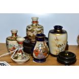 FIVE MINIATURE JAPANESE SATSUMA AND KUTANI POTTERY VASE AND THREE STANDS, tallest vase 7cm and