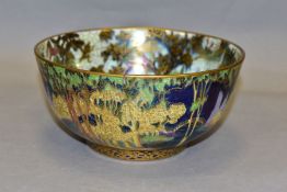 A WEDGWOOD FAIRYLAND LUSTRE FAIRY WITH LARGE HAT (WOODLAND BRIDGE) BOWL, pattern Z4968, badly