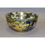 A WEDGWOOD FAIRYLAND LUSTRE FAIRY WITH LARGE HAT (WOODLAND BRIDGE) BOWL, pattern Z4968, badly