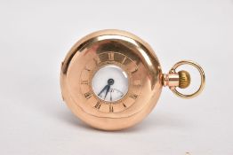 A 9CT GOLD HALF HUNTER POCKET WATCH, round white dial, Roman numerals, seconds subsidiary dial at