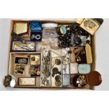 A BOX OF ASSORTED ITEMS, to include a small tray of AF jet beads and links, a carved circular jet