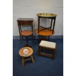 A QUANTITY OF OCCASSIONAL FURNITURE comprising a slim mahogany hall table, wine table, oak stool,