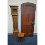 A MAHOGANY LONGCASE CLOCK CARCAS, height 186cm, a stained pitch pine arched top exterior door