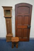 A MAHOGANY LONGCASE CLOCK CARCAS, height 186cm, a stained pitch pine arched top exterior door