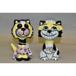 TWO LORNA BAILEY POTTERY CAT FIGURES, comprising one holding a mouse, height 13cm, the other