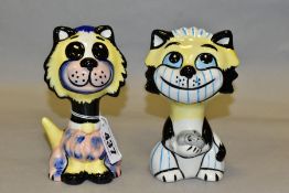 TWO LORNA BAILEY POTTERY CAT FIGURES, comprising one holding a mouse, height 13cm, the other