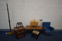 A QUANTITY OF OCCASSIONAL FURNITURE comprising a blue faux leather child's chairs on circular