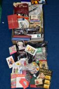 A BOX OF COLLECTABLES, POSTCARDS, BREWERYANIA, ETC, to include parts I & II of 'County Borough,