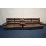 A LA-Z-BOY BROWN LEATHER ELECTRIC RECLINING TWO PIECE SUITE comprising two settee's, the largest,