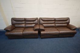 A LA-Z-BOY BROWN LEATHER ELECTRIC RECLINING TWO PIECE SUITE comprising two settee's, the largest,