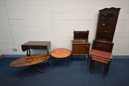 A QUANTITY OF MAHOGANY OCCASSIONAL FURNITURE comprising a corner cupboard, nest of three tables,