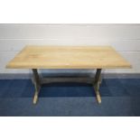 A STRIPPED OAK TRESTLE REFECTORY TABLE, length 152cm x depth 76cm x height 74cm (missing screws)
