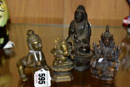 FOUR SMALL ASIAN BRONZE FIGURES comprising Balakrishna in crawling pose, height 7.5cm, a seated