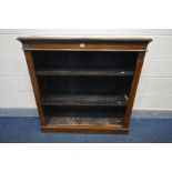 A VICTORIAN OAK OPEN BOOKCASE, with two adjustable shelves, width 106cm x depth 31cm x height 107cm