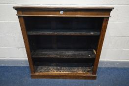 A VICTORIAN OAK OPEN BOOKCASE, with two adjustable shelves, width 106cm x depth 31cm x height 107cm