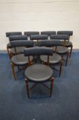 A SET OF TEN G-PLAN FRESCO, VB WILKINS TEAK DINING CHAIRS, with black leatherette upholstery