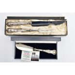 A VICTORIAN KINGS PATTERN BUTTER KNIFE AND A TWO PIECE MEAT CARVING SET, the butter knife hallmarked