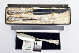 A VICTORIAN KINGS PATTERN BUTTER KNIFE AND A TWO PIECE MEAT CARVING SET, the butter knife hallmarked