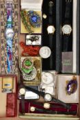 A BOX OF ASSORTED ITEMS, to include a case 'Swatch' wristwatch, two cased 'Accurist' wristwatches,