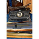 A CASED SINGER MANUAL SEWING MACHINE, GOLF CLUBS, LEATHER CARTRIDGE BELT, BLACK SLATE MANTEL