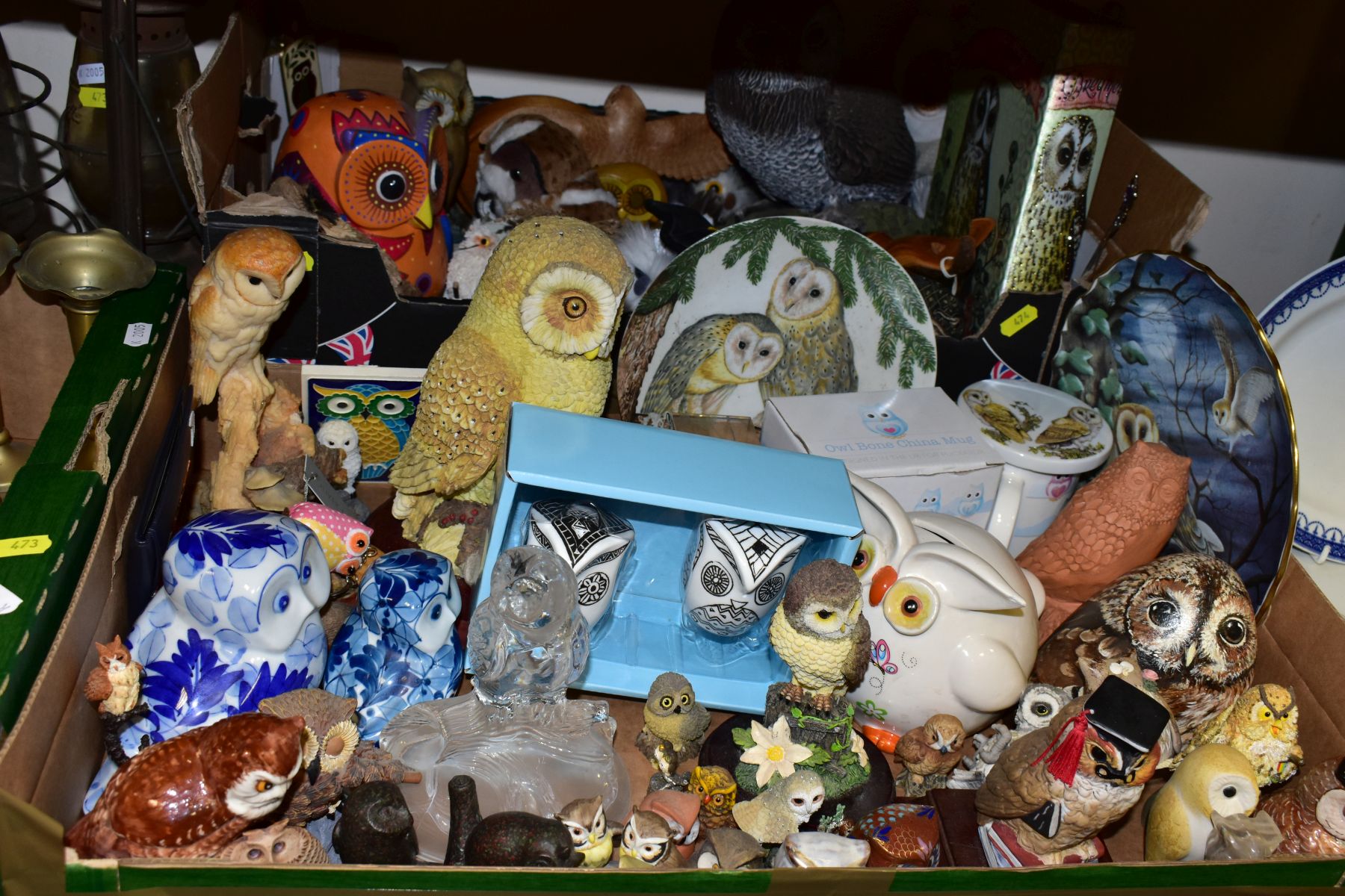 TWO BOXES OF OWL ORNAMENTS etc to include Spode and Goebel collectors plates, salt and pepper