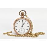 A GOLD-PLATED OPEN FACE POCKET WATCH WITH ALBERT CHAIN, round white dial, Roman numerals, seconds