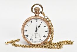 A GOLD-PLATED OPEN FACE POCKET WATCH WITH ALBERT CHAIN, round white dial, Roman numerals, seconds