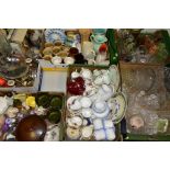 SIX BOXES OF CERAMICS, GLASS AND METALWARES to include pressed and cut glass and crystal, assorted