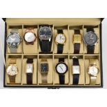 A WATCH DISPLAY CASE AND TWELVE GENTS WRISTWATCHES, black faux leather case, Perspex lid, together