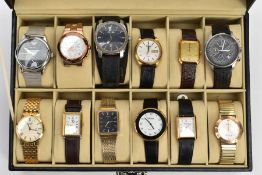 A WATCH DISPLAY CASE AND TWELVE GENTS WRISTWATCHES, black faux leather case, Perspex lid, together