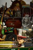 TWO BOXES OF TREEN, METALWARE AND SUNDRY ITEMS to include an early 19th Century rosewood tea caddy