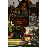 TWO BOXES OF TREEN, METALWARE AND SUNDRY ITEMS to include an early 19th Century rosewood tea caddy